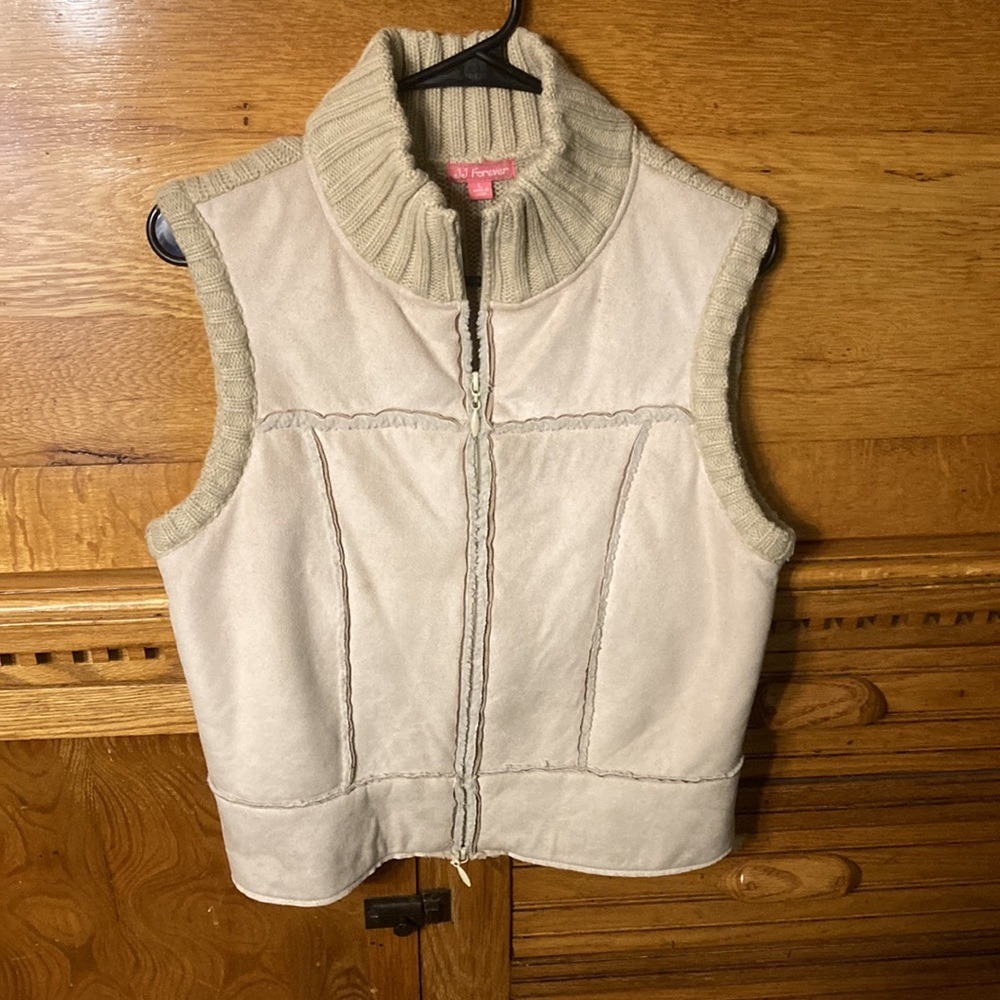 Y2K Granola Tan Faux Suede Knit Sherpa Lined Full Zip Vest Vanilla Girl Coquette